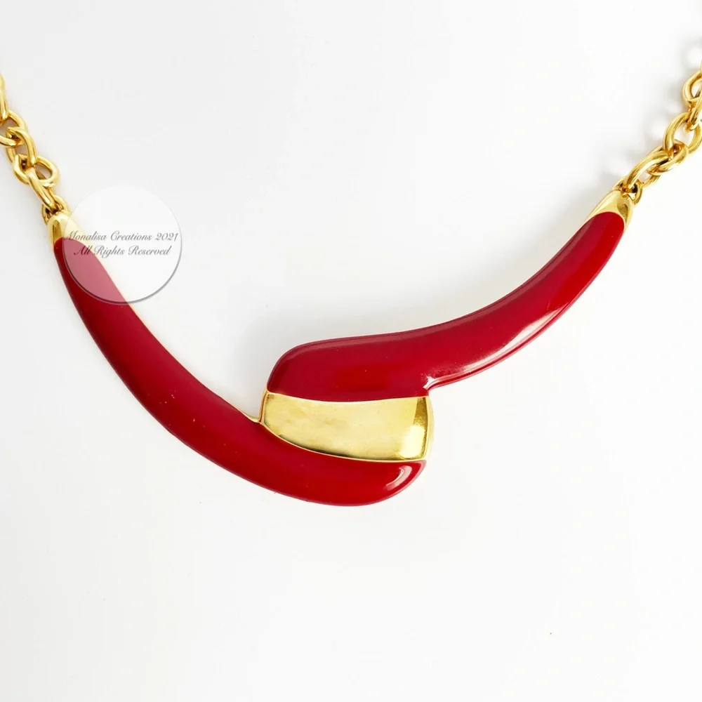 Monet Necklace Gold Metal & Red Enamel Abstract Vintage 80s